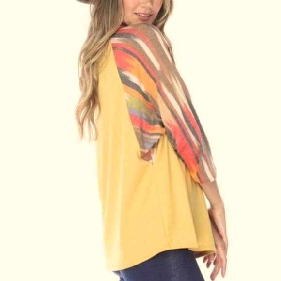 Ces'Femme Bohemian Mustard Stripe Dolman Sleeve Scoop Neck Small Blouse - Picture 3 of 10